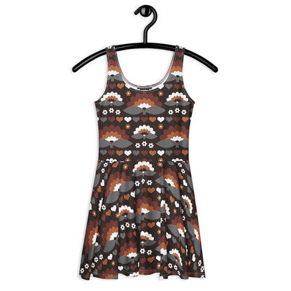 Skater dress - FALL IN LOVE mocca - Elegant flower and heart print 3XL