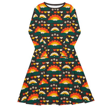 Midi dress - FALL IN LOVE orange brown - Elegant flower and heart print 6XL