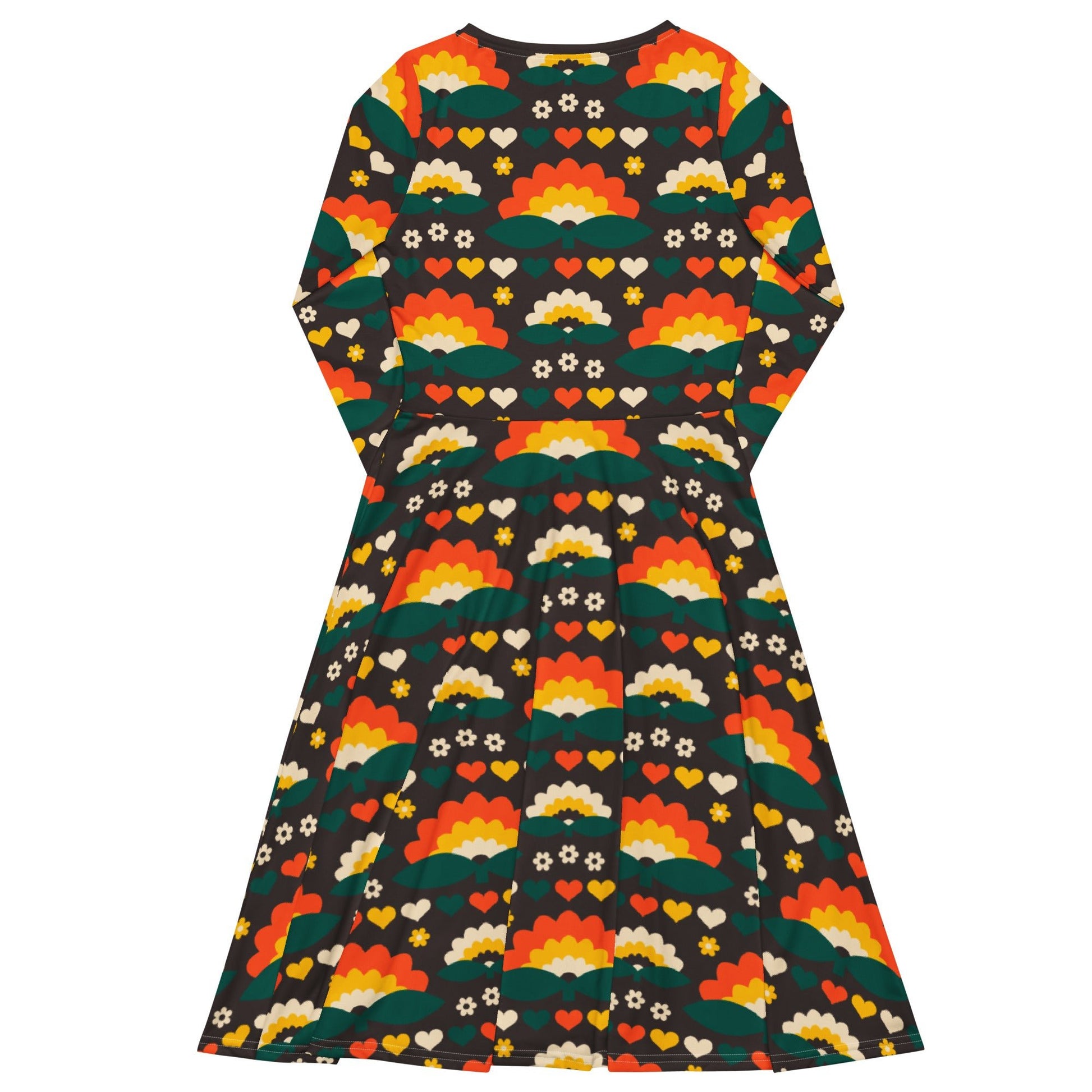Midi dress - FALL IN LOVE orange brown - Elegant flower and heart print