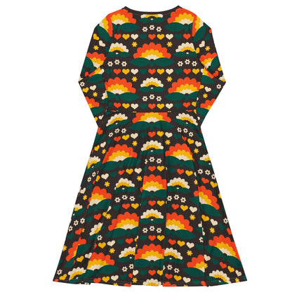 Midi dress - FALL IN LOVE orange brown - Elegant flower and heart print