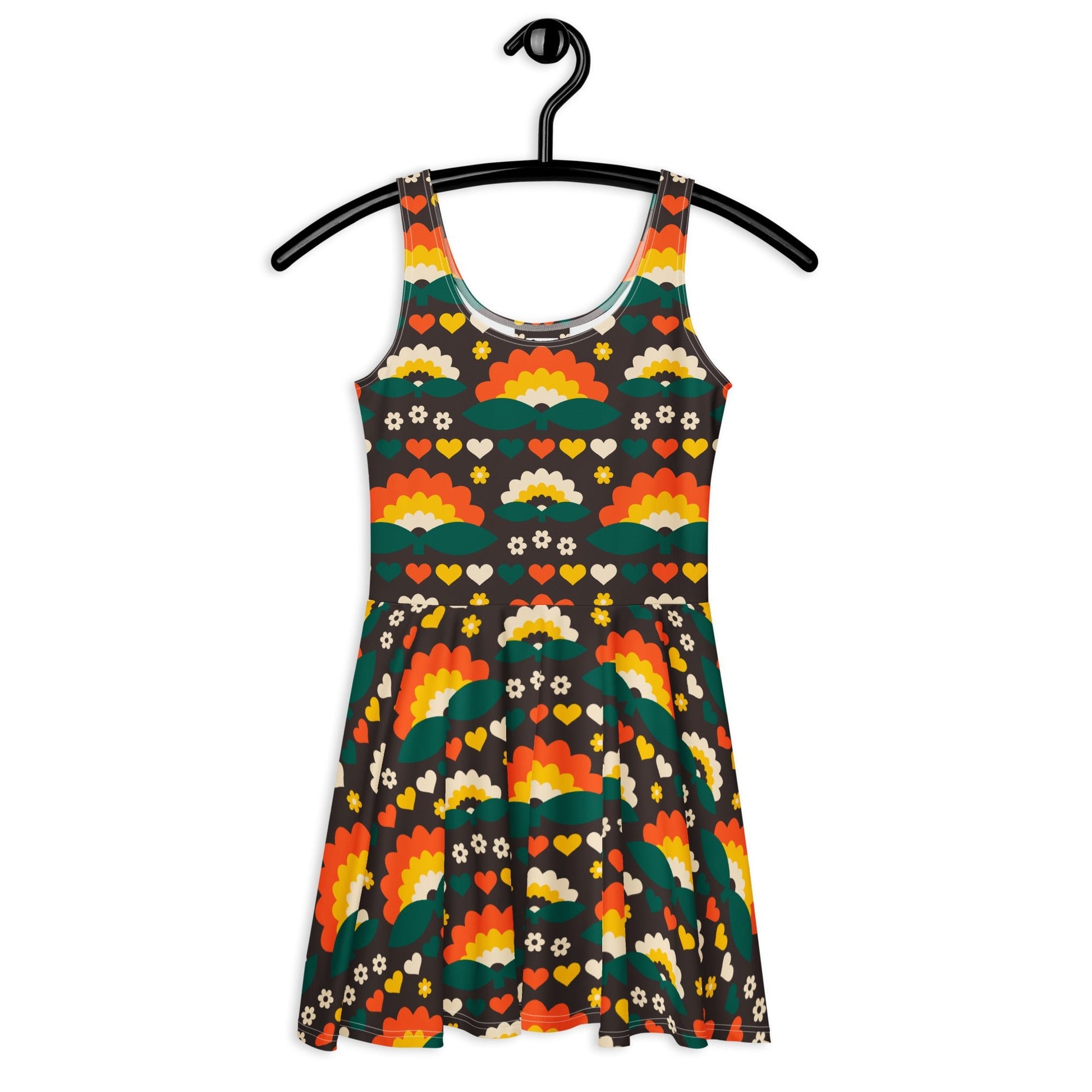 Skater dress - FALL IN LOVE orange brown - Elegant flower and heart print 3XL