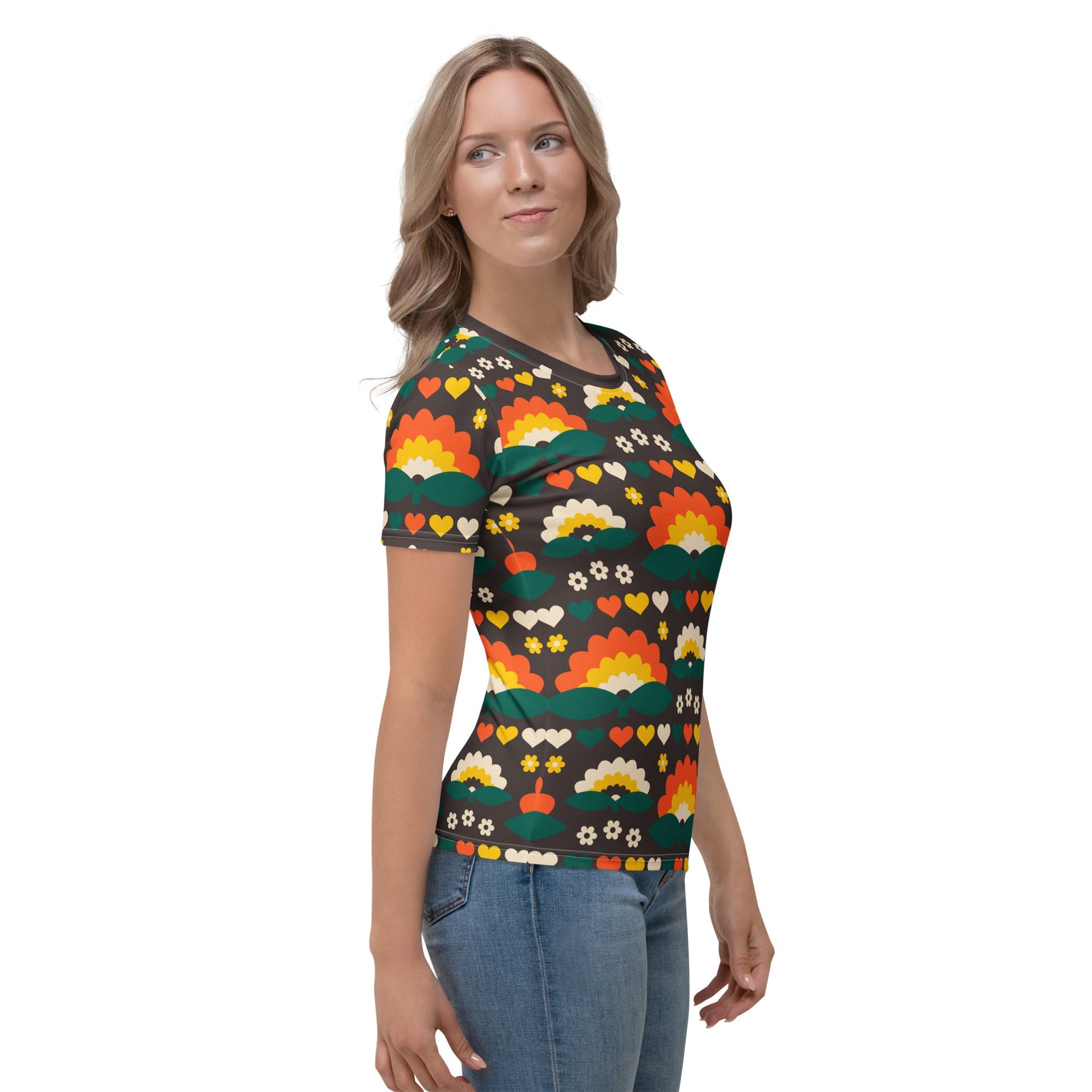 Woman's t-shirt - FALL IN LOVE orange brown - Elegant flower and heart print