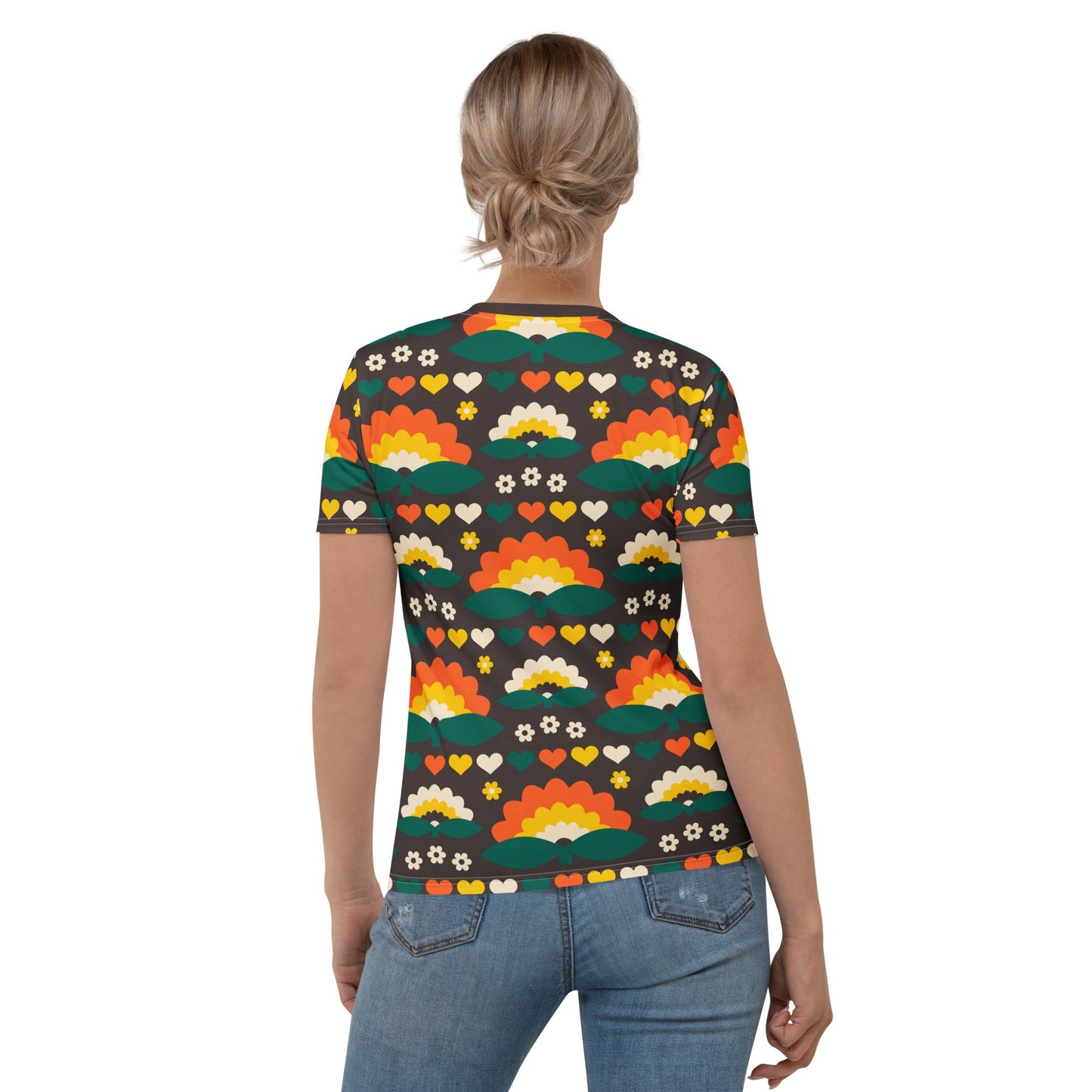Woman's t-shirt - FALL IN LOVE orange brown - Elegant flower and heart print