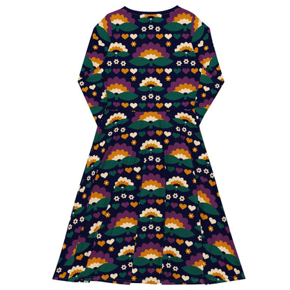 Midi dress - FALL IN LOVE purple - Elegant flower and heart print