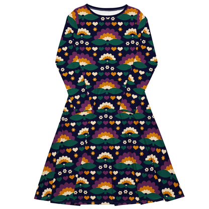 Midi dress - FALL IN LOVE purple - Elegant flower and heart print 6XL