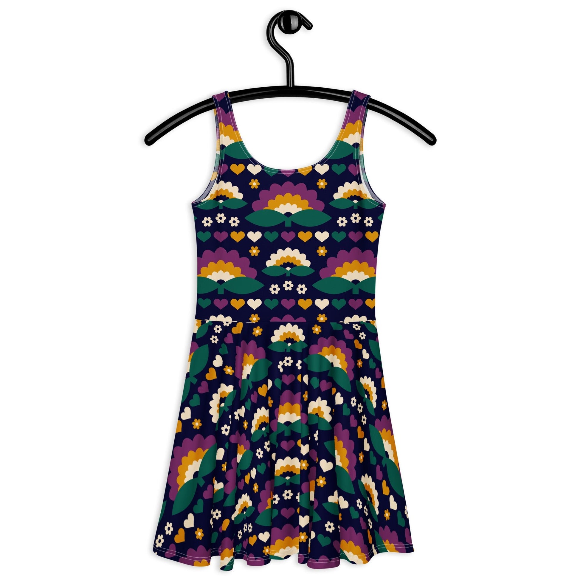 Skater dress - FALL IN LOVE purple - Elegant flower and heart print