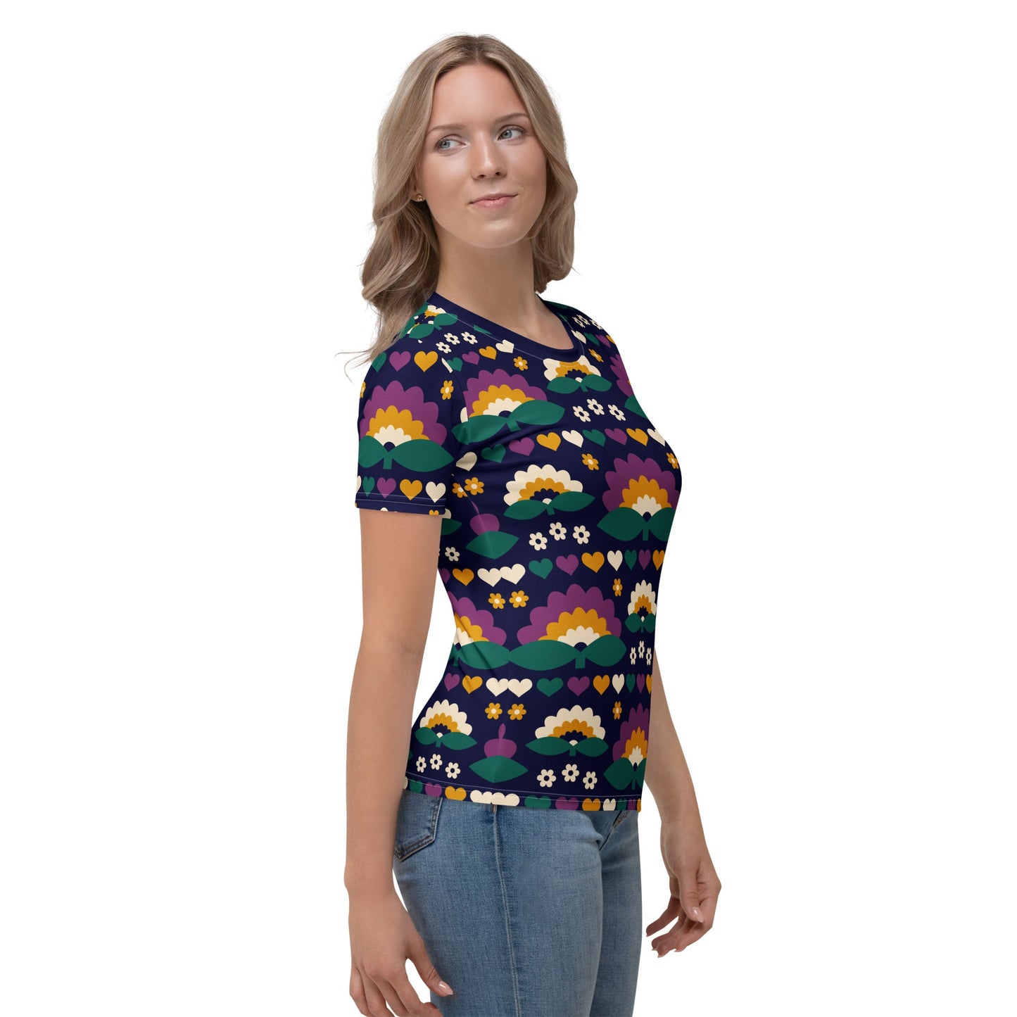 Woman's t-shirt - FALL IN LOVE purple - Elegant flower and heart print