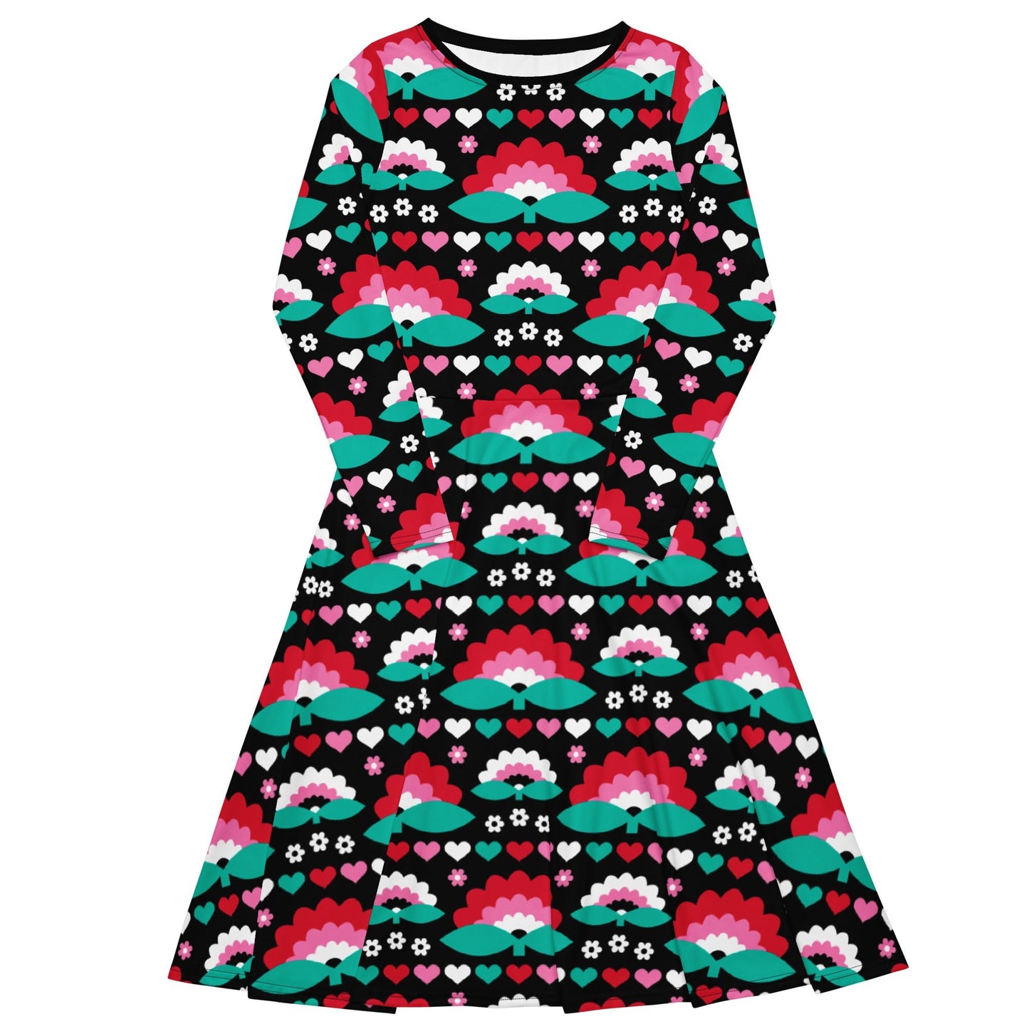 Midi dress - FALL IN LOVE red - Elegant flower and heart print 6XL