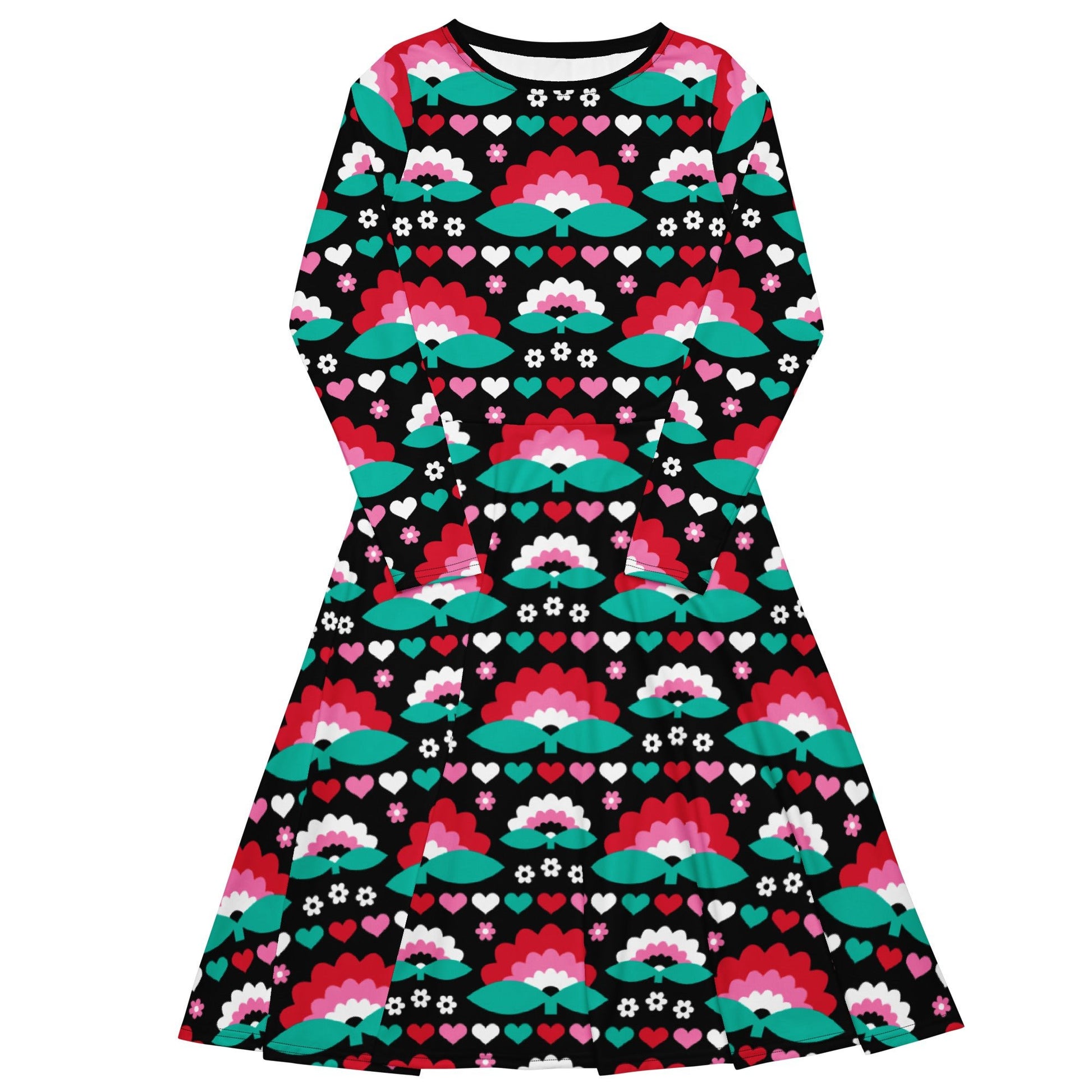Midi dress - FALL IN LOVE red - Elegant flower and heart print 6XL
