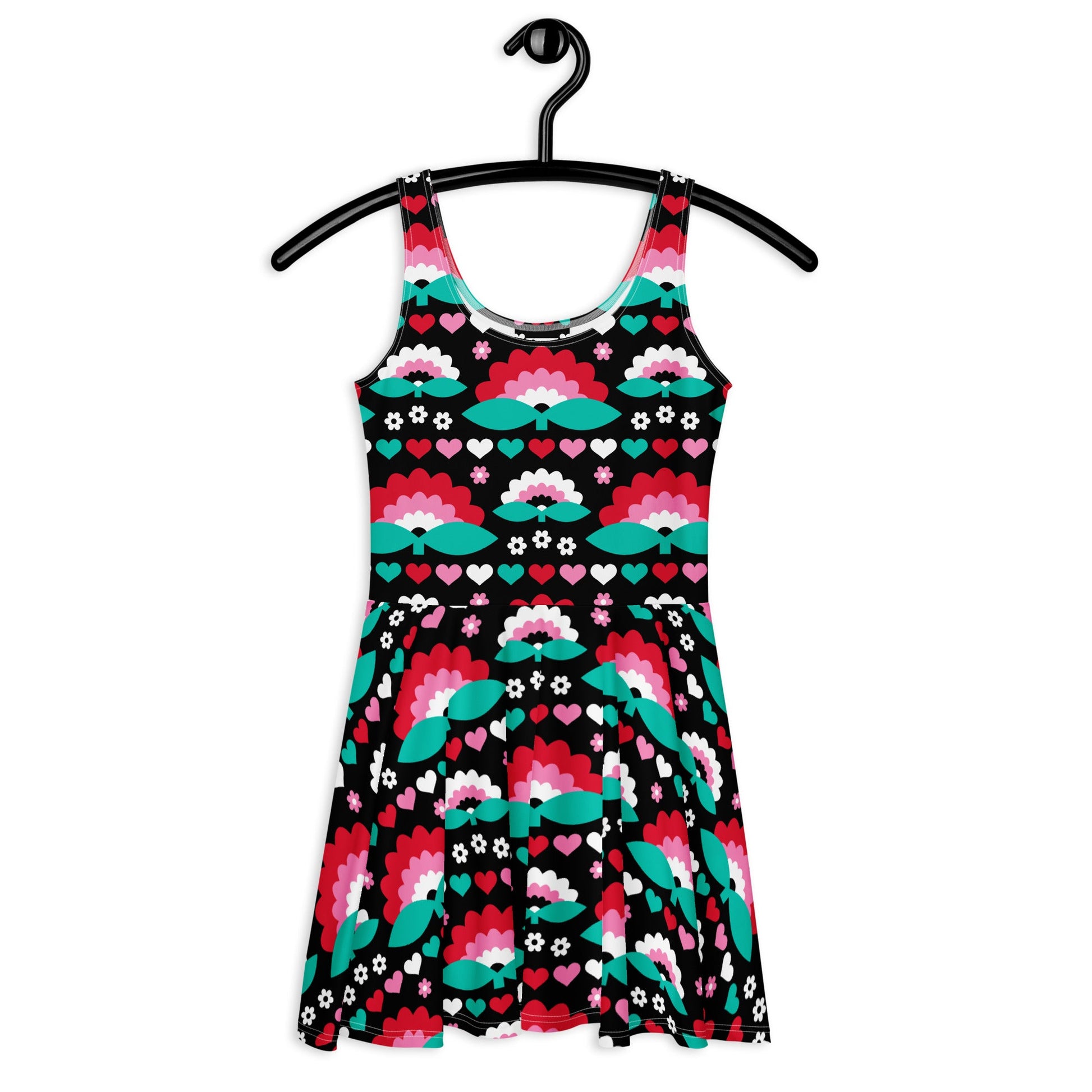 Skater dress - FALL IN LOVE red - Elegant flower and heart print 3XL