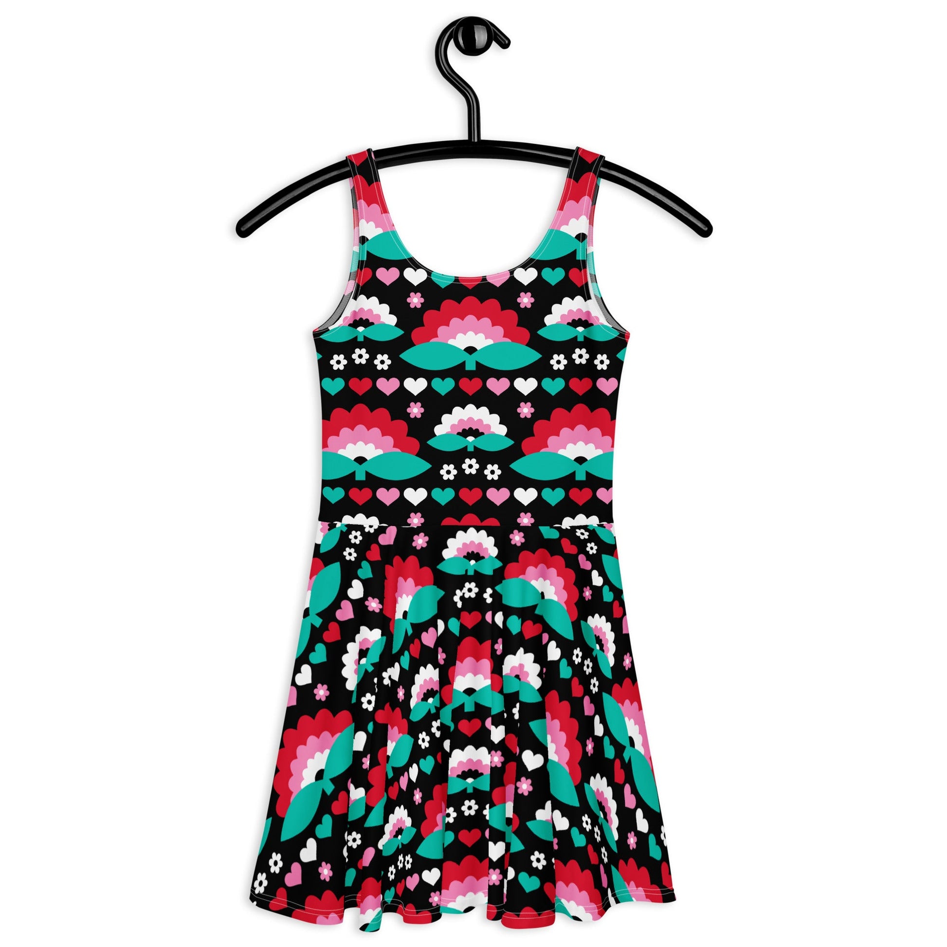 Skater dress - FALL IN LOVE red - Elegant flower and heart print