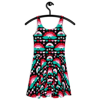 Skater dress - FALL IN LOVE red - Elegant flower and heart print