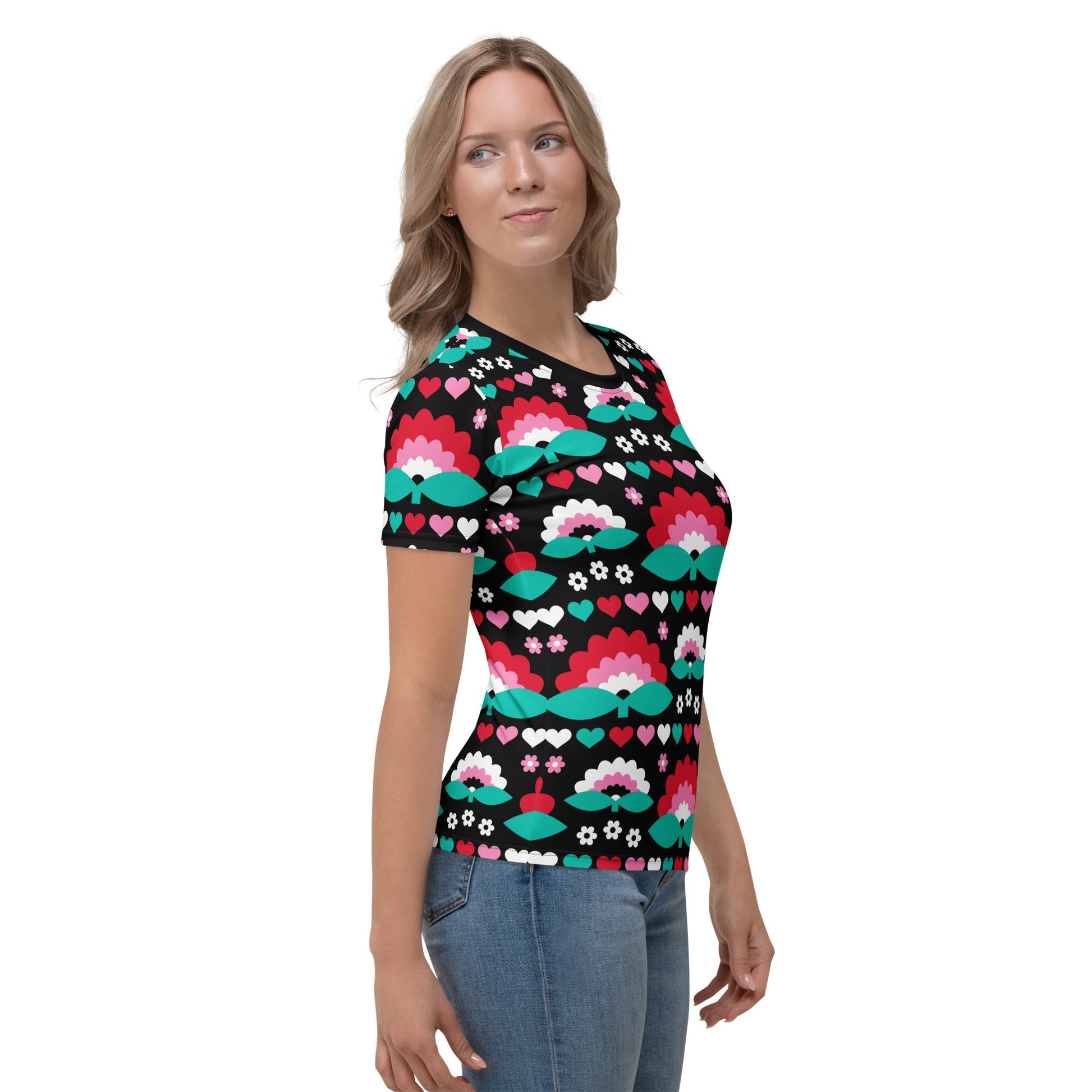 Woman's t-shirt - FALL IN LOVE red - Elegant flower and heart print
