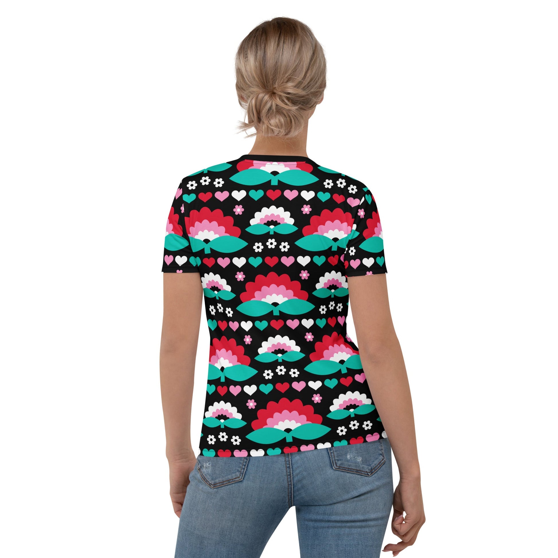 Woman's t-shirt - FALL IN LOVE red - Elegant flower and heart print