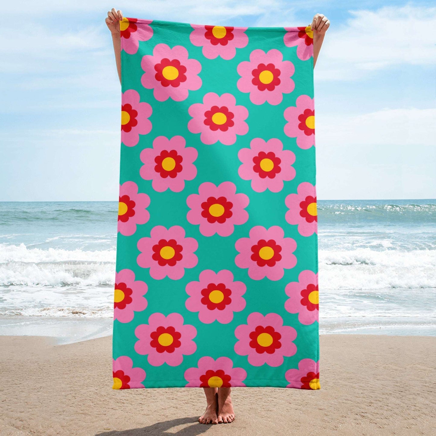 Towel - FANCY BLOOM pink mint - Pretty floral print