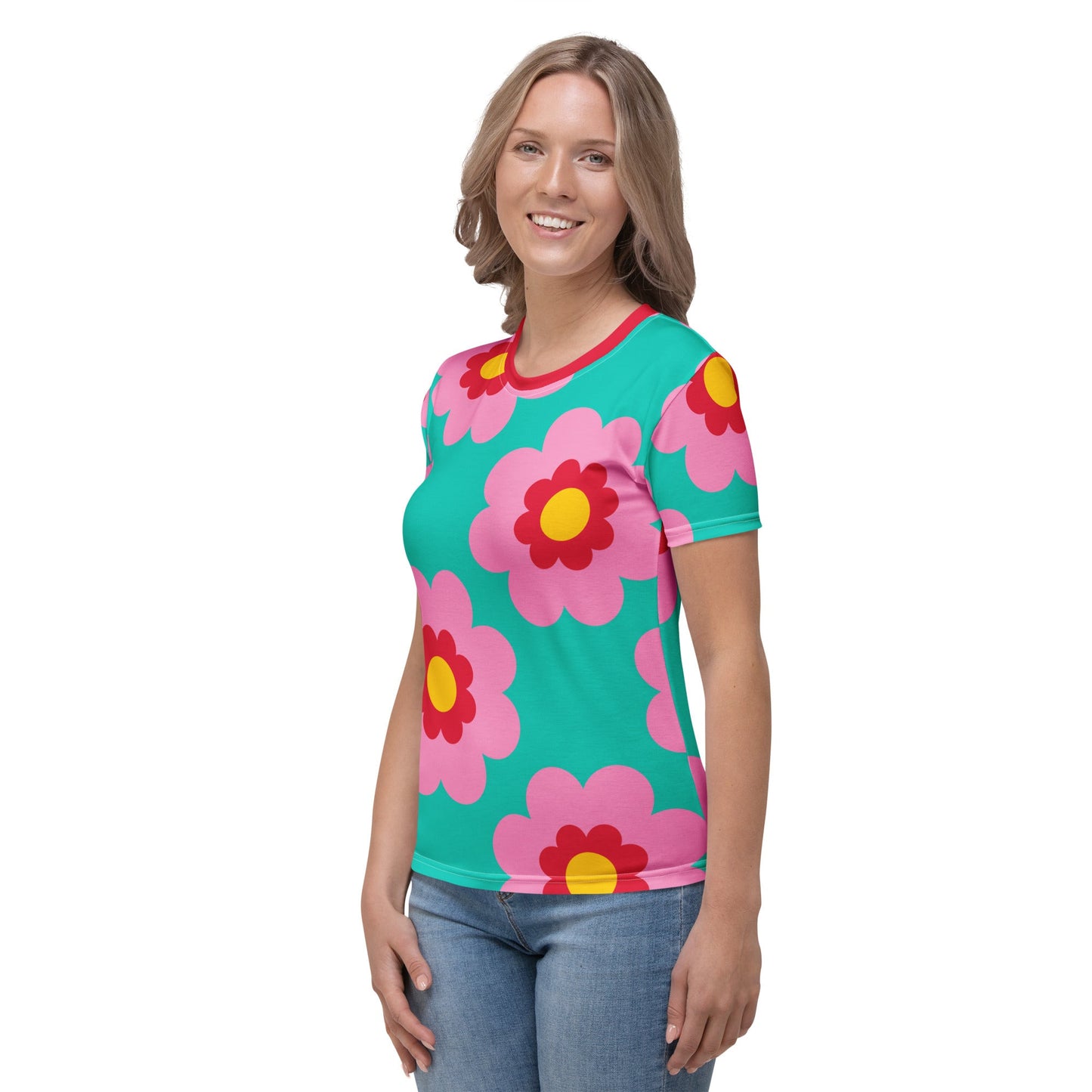 Woman's t-shirt - FANCY BLOOM pink mint - Pretty floral print