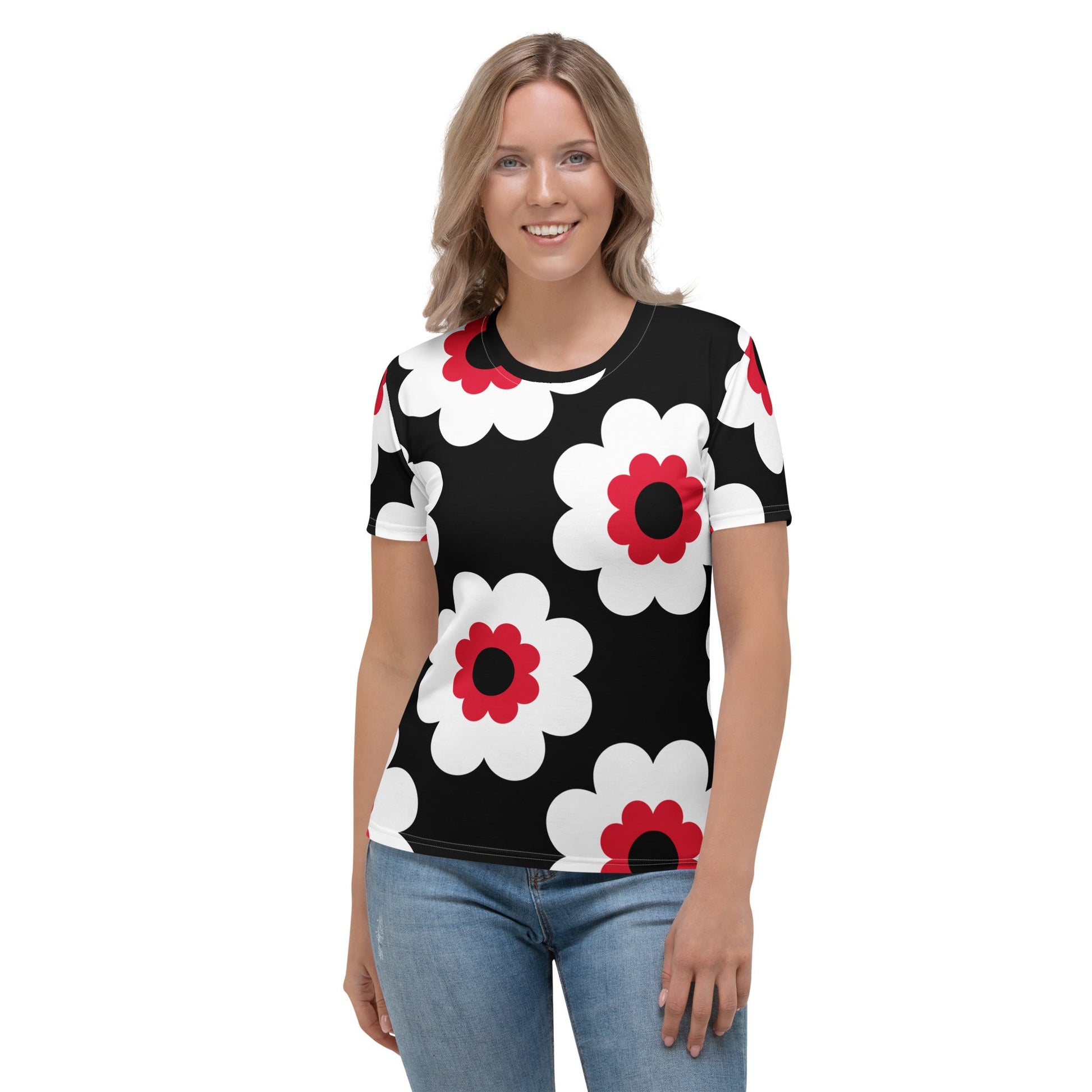 Woman's t-shirt - FANCY BLOOM red black - Pretty floral print