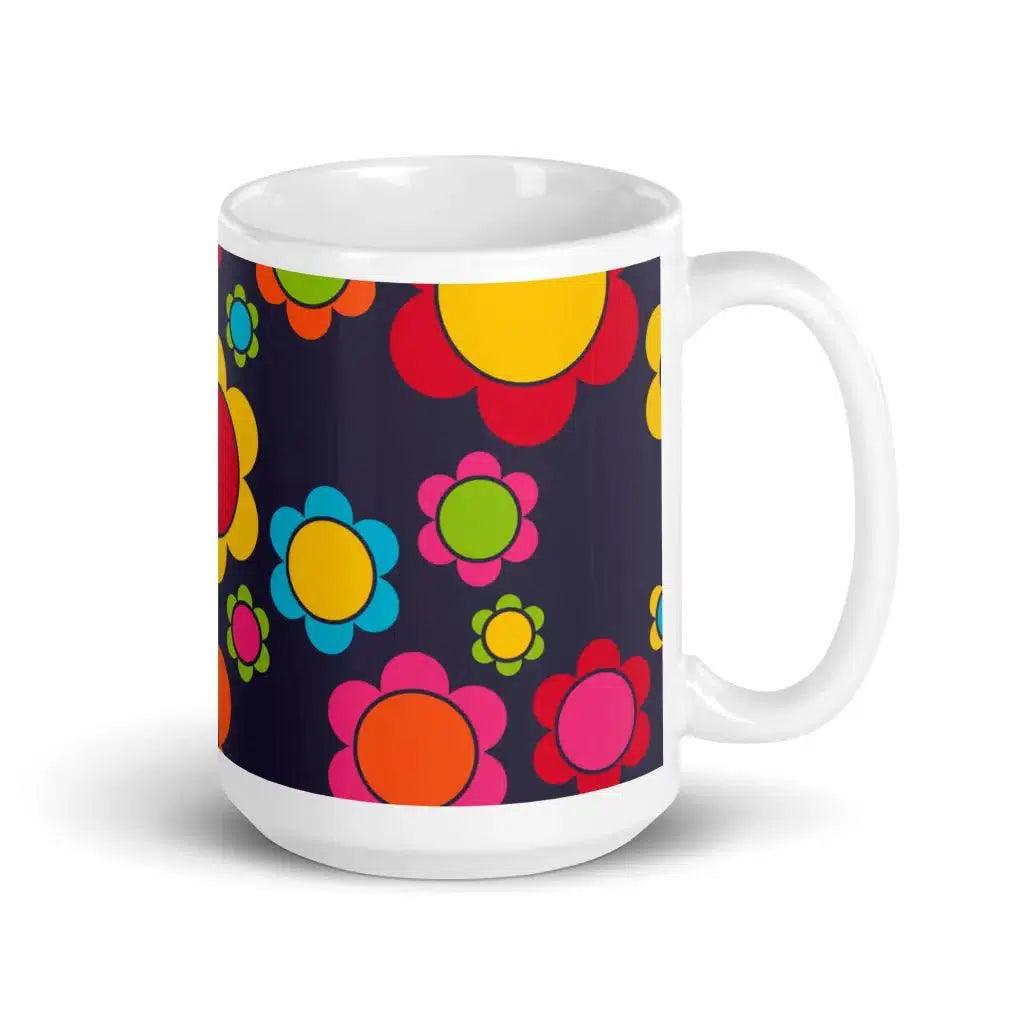 Mug - FLORA PEACE dark blue - Colorful retro floral print 15oz