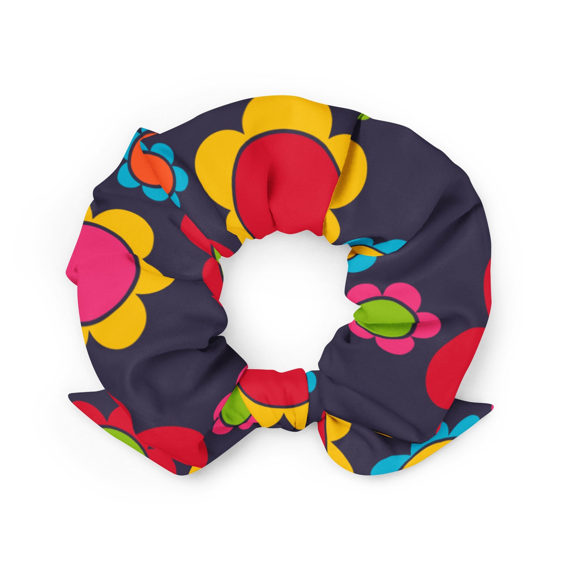 Scrunchie - FLORA PEACE dark blue - Colorful retro floral print