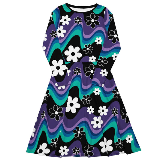 Midi Dress - FLORA RAVE purple - Bold Stripes With Flowers