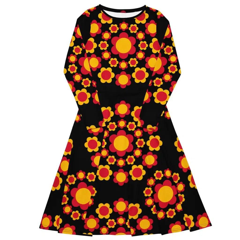 Midi dress - FLOWERSHOP red yellow - Retro flower and circle print