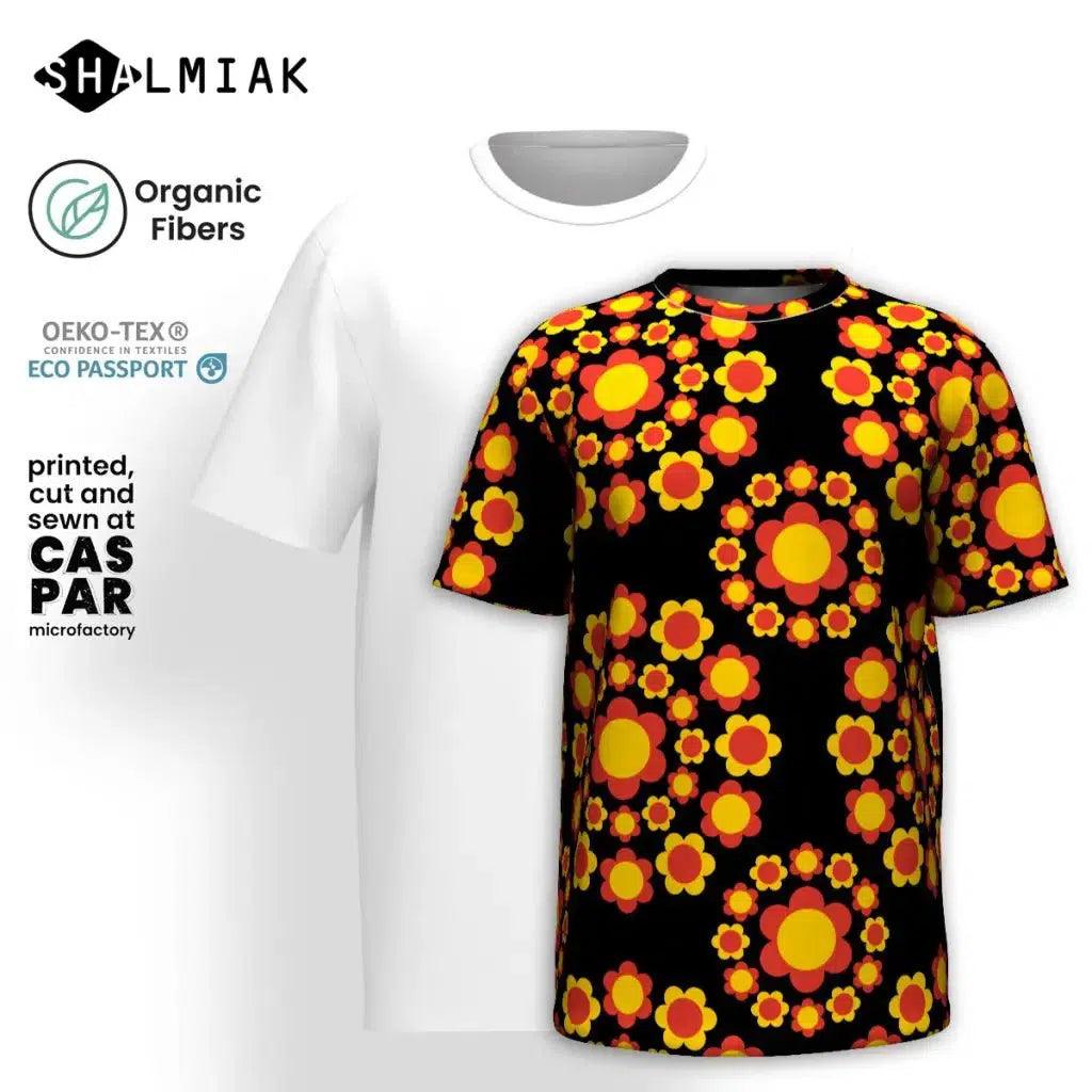 Organic cotton t-shirt - FLOWERSHOP red yellow - Retro flower and circle print