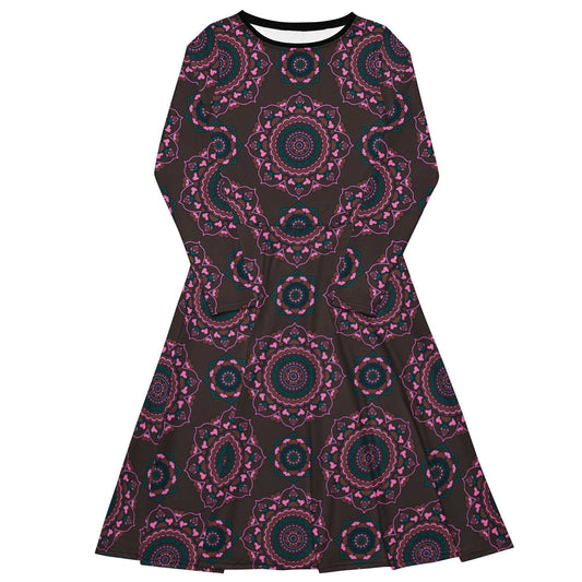 Midi Dress - FOREVERMORE pink brown - Romantic Flowers and Hearts