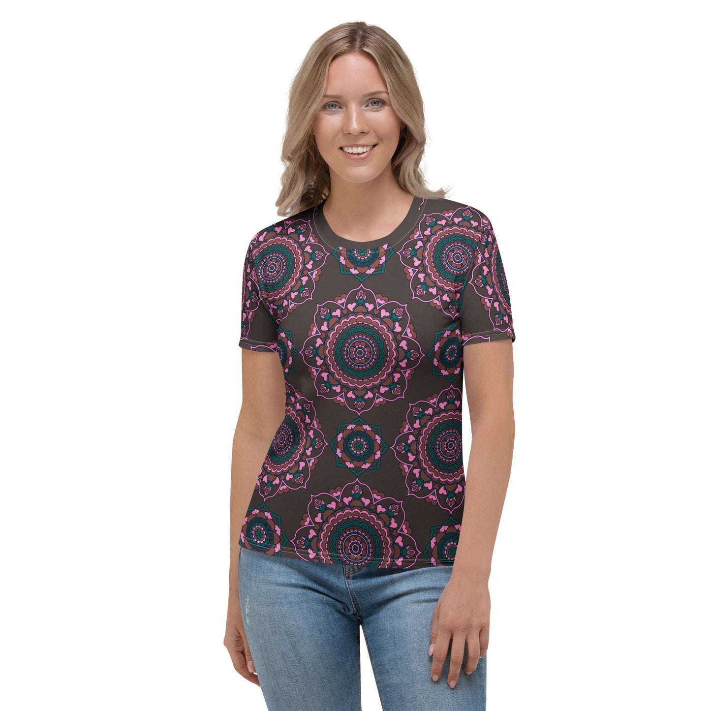 Woman's t-shirt - FOREVERMORE pink brown - Romantic flower and heart print