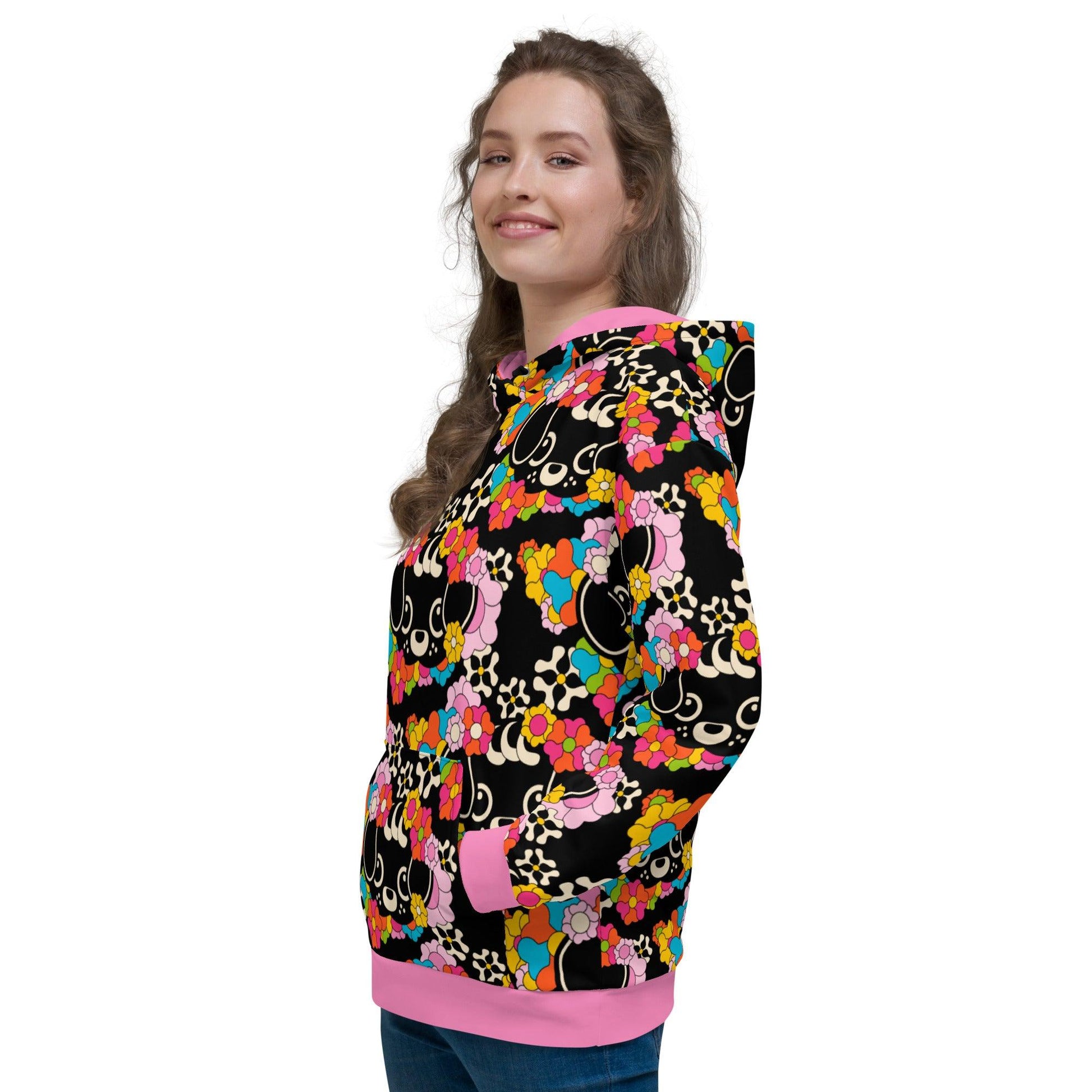 Hoodie - FUNKYPUP black - Cute dogs and flowers print 6XL