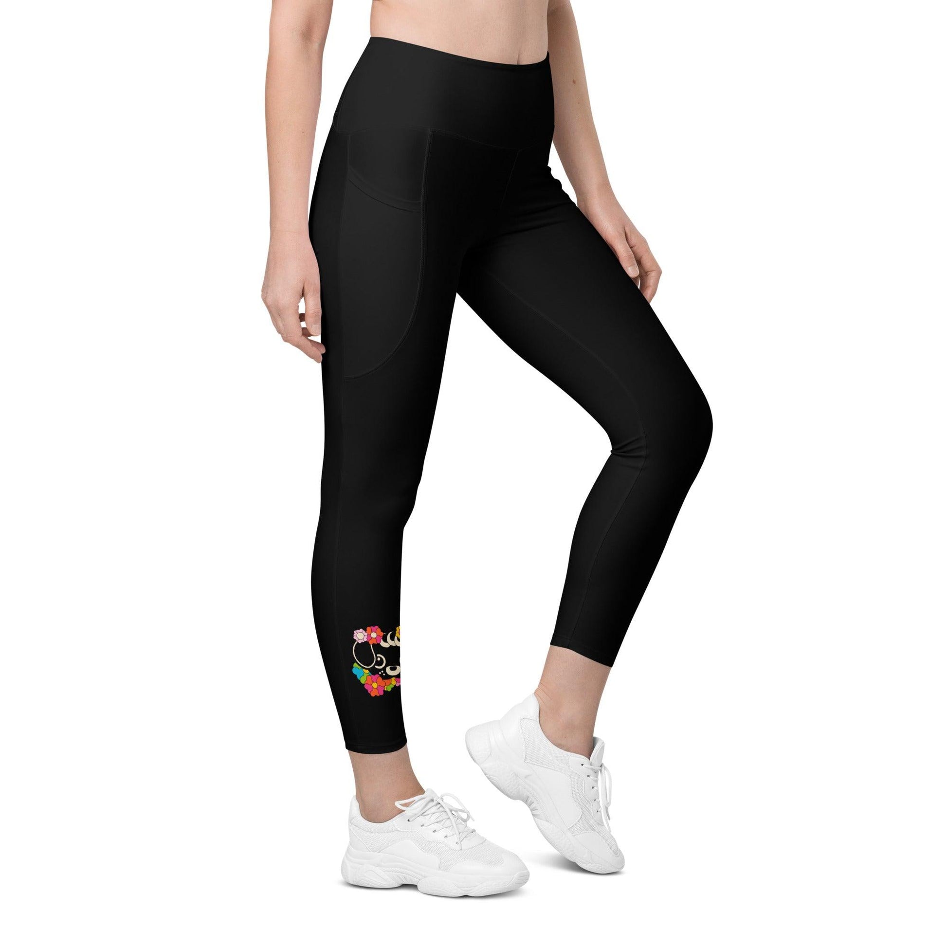 Leggings with pockets - FUNKYPUP in black - Cute dogs and flowers print 6XL