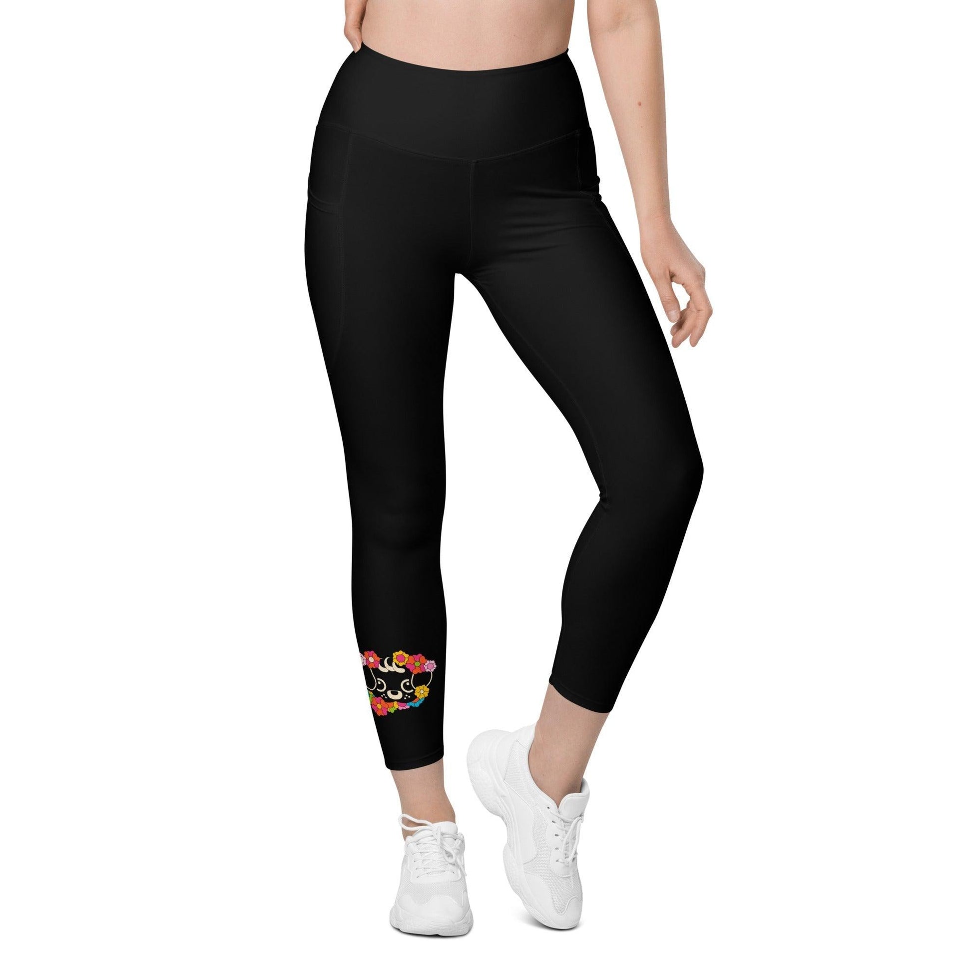 Leggings with pockets - FUNKYPUP in black - Cute dogs and flowers print