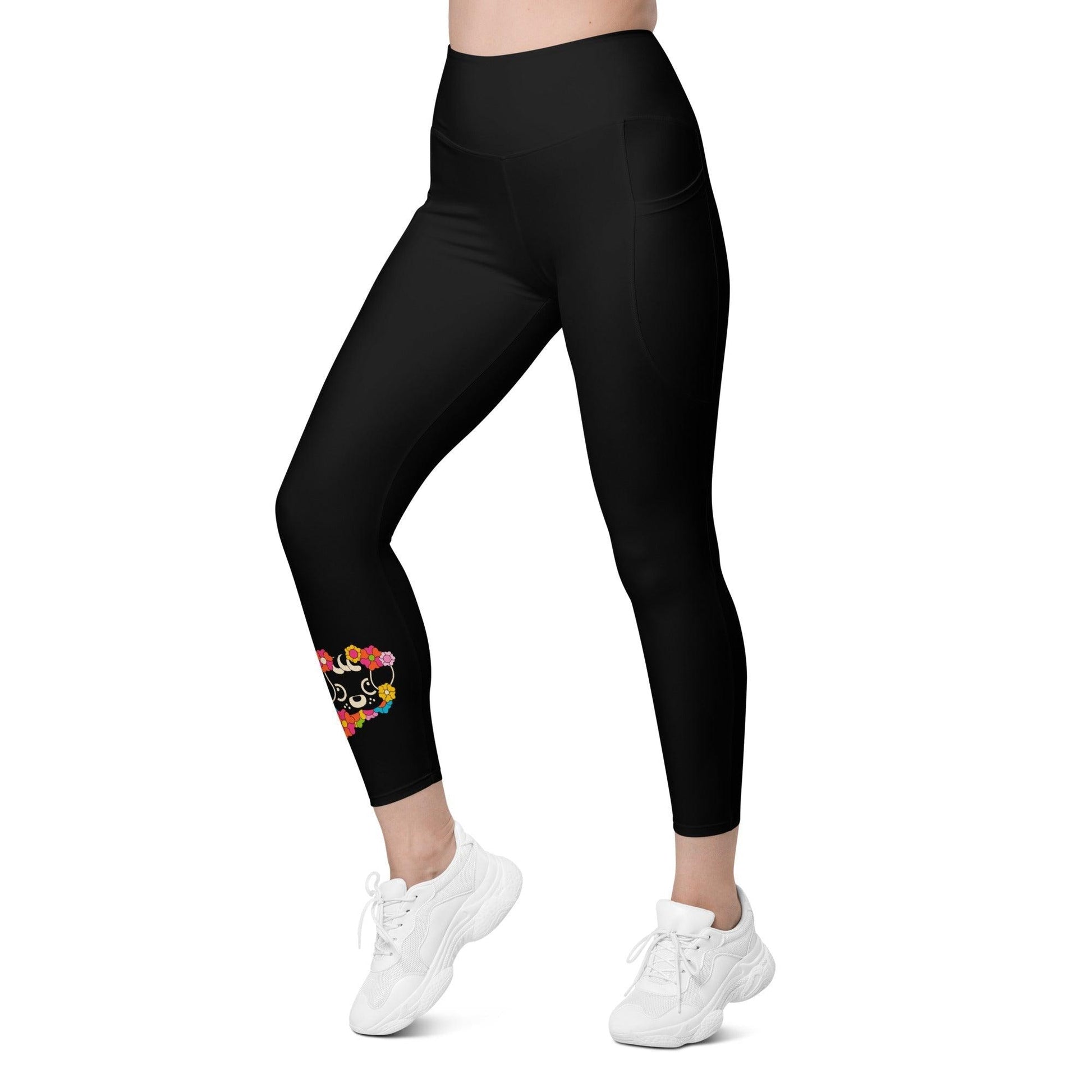 Leggings with pockets - FUNKYPUP in black - Cute dogs and flowers print