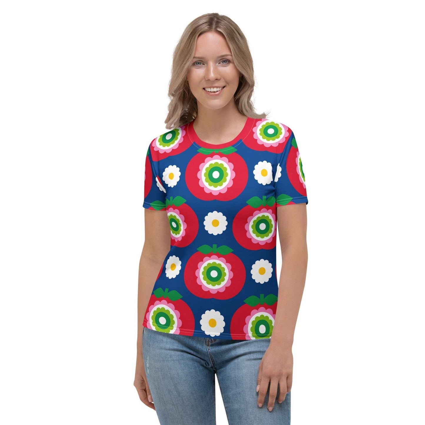 Woman's t-shirt - GRAND APPLE blue - Bold apples and flowers print