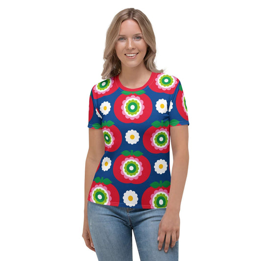 Woman's t-shirt - GRAND APPLE blue - Bold apples and flowers print