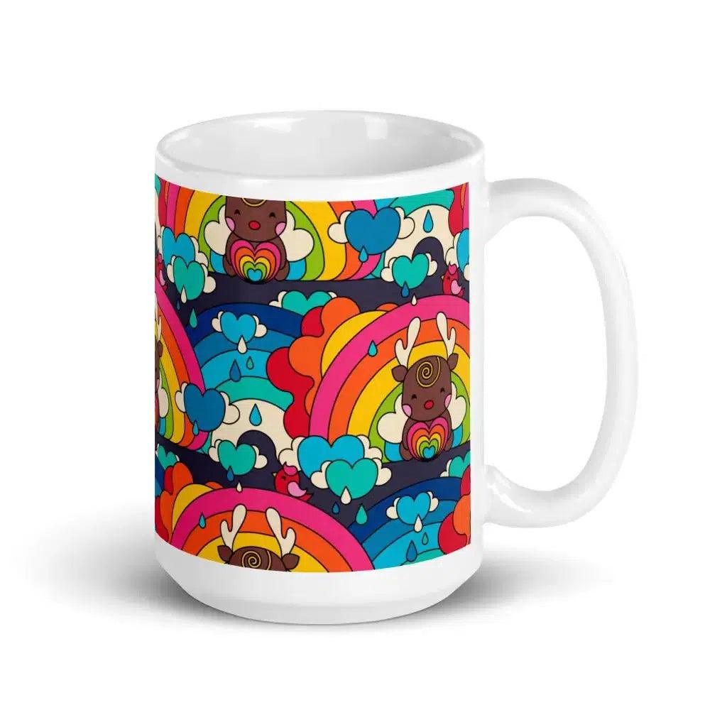 Mug - HAPPY RAINDEAR - Reindeer and rainbows print 15oz
