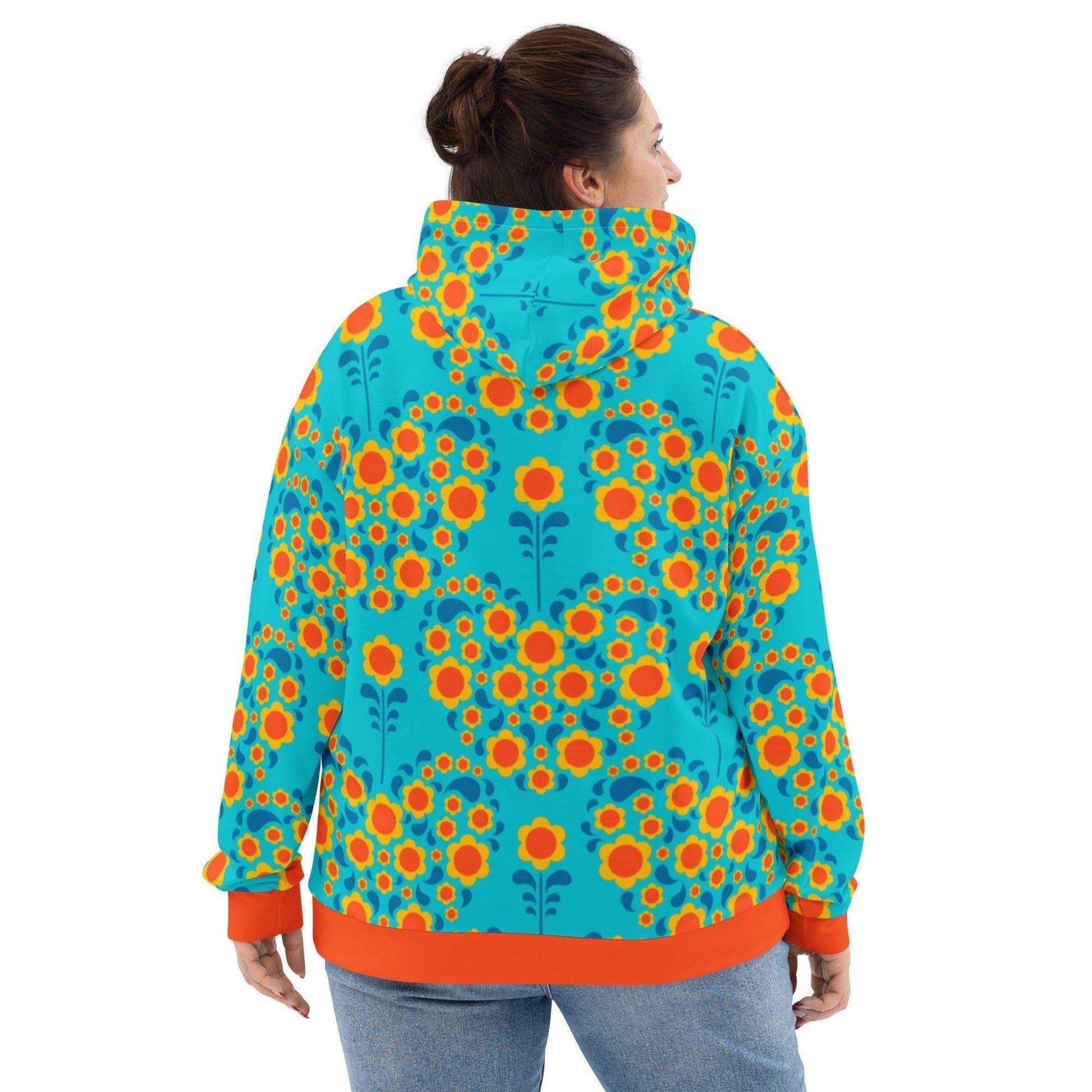 Hoodie - HEARTBEAT orange blue - Flower hearts print