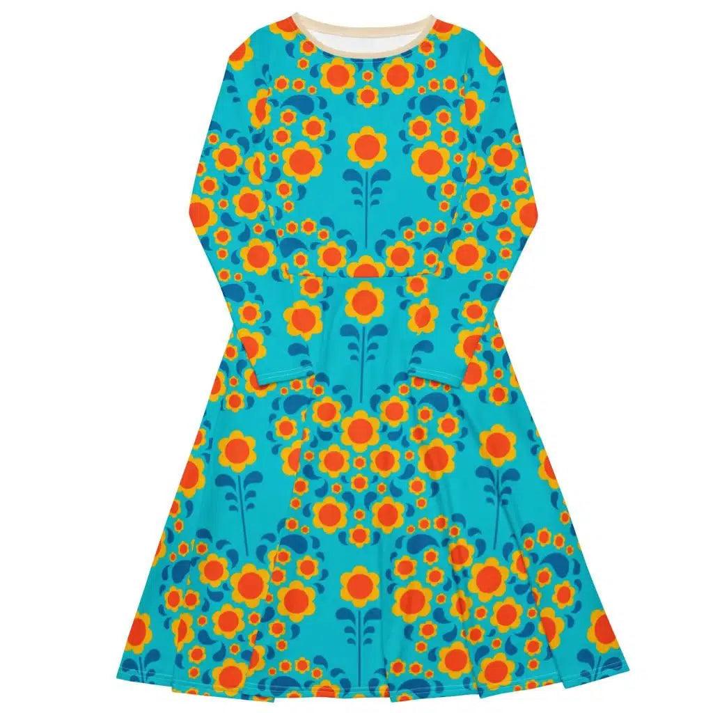 Midi dress - HEARTBEAT orange blue - Flower hearts print