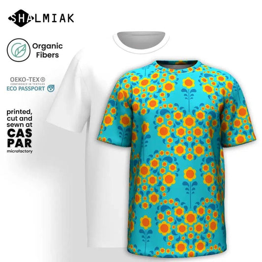 Organic cotton t-shirt - HEARTBEAT orange blue - Flower hearts print