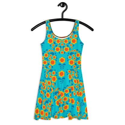Skater dress - HEARTBEAT orange blue - Flower hearts print 3XL