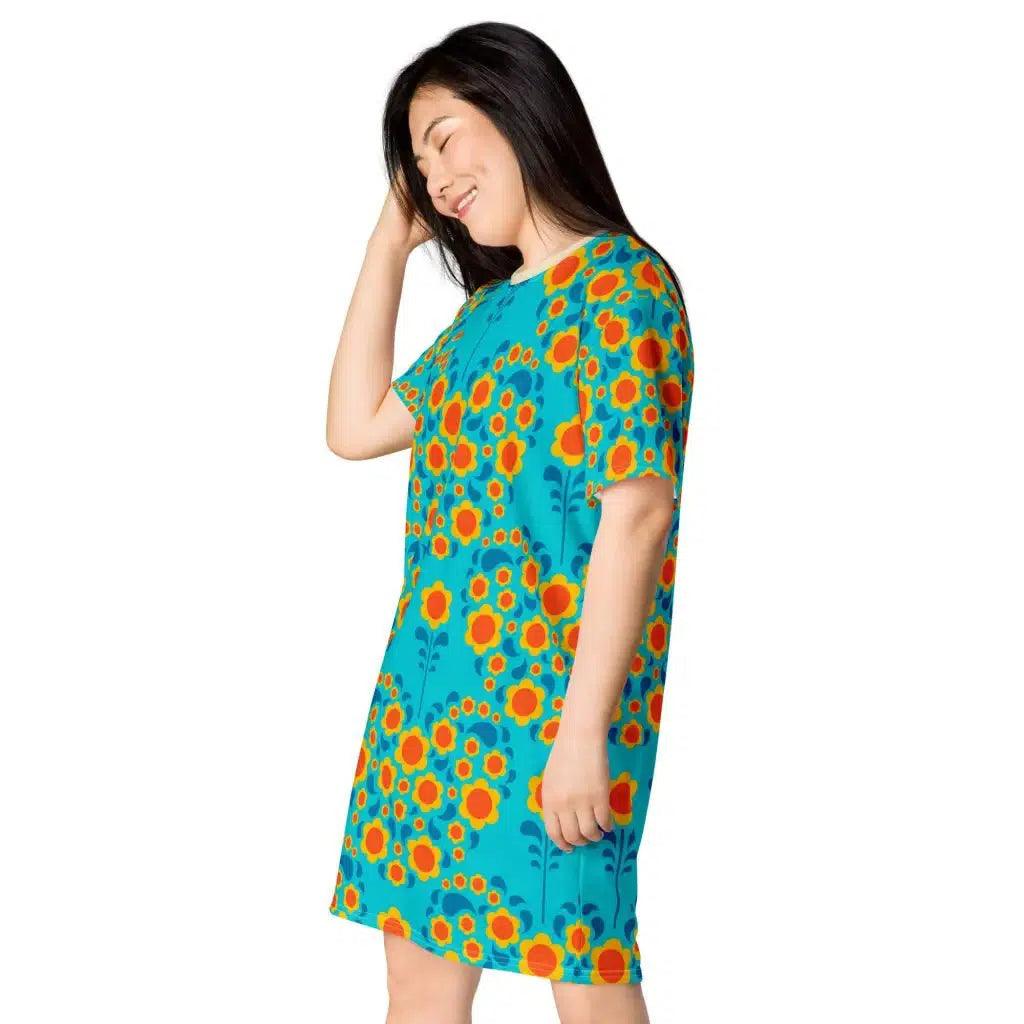 T-shirt dress - HEARTBEAT orange blue - Flower hearts print
