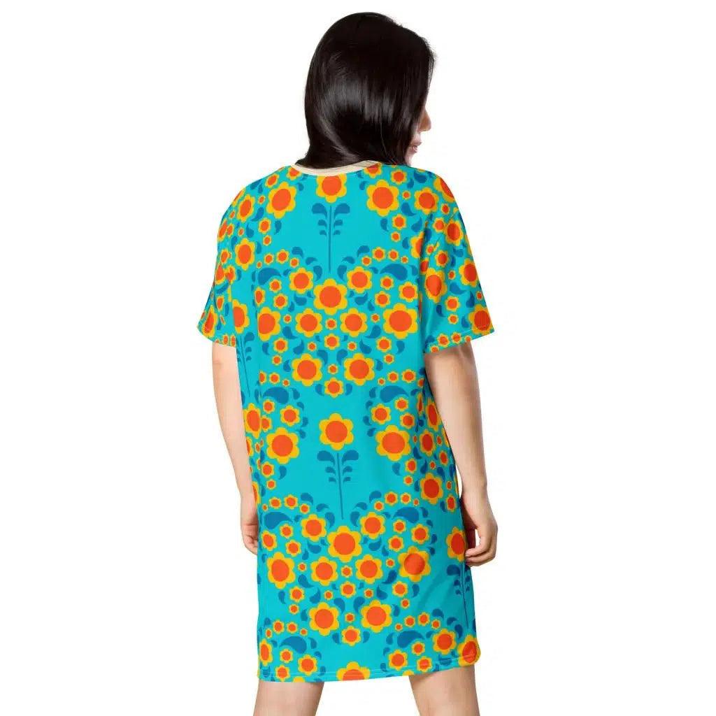 T-shirt dress - HEARTBEAT orange blue - Flower hearts print