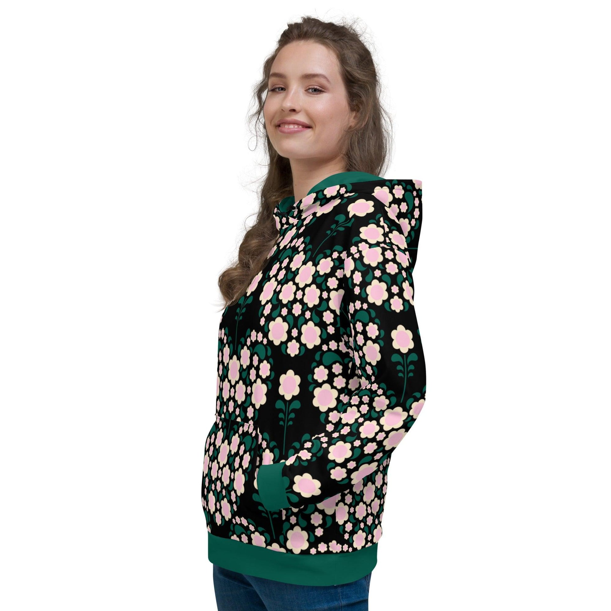 Hoodie - HEARTBEAT pink black - Flower hearts print