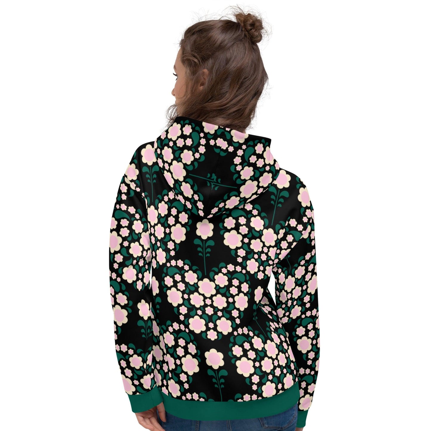 Hoodie - HEARTBEAT pink black - Flower hearts print