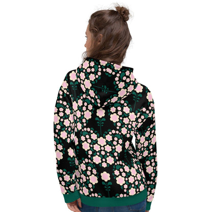 Hoodie - HEARTBEAT pink black - Flower hearts print