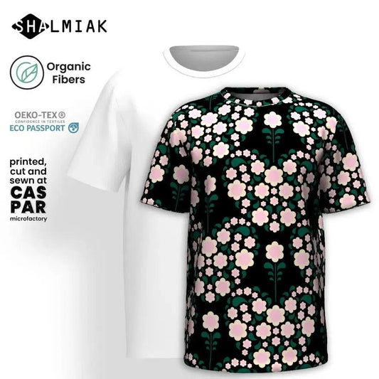 Organic cotton t-shirt - HEARTBEAT pink black - Flower hearts print
