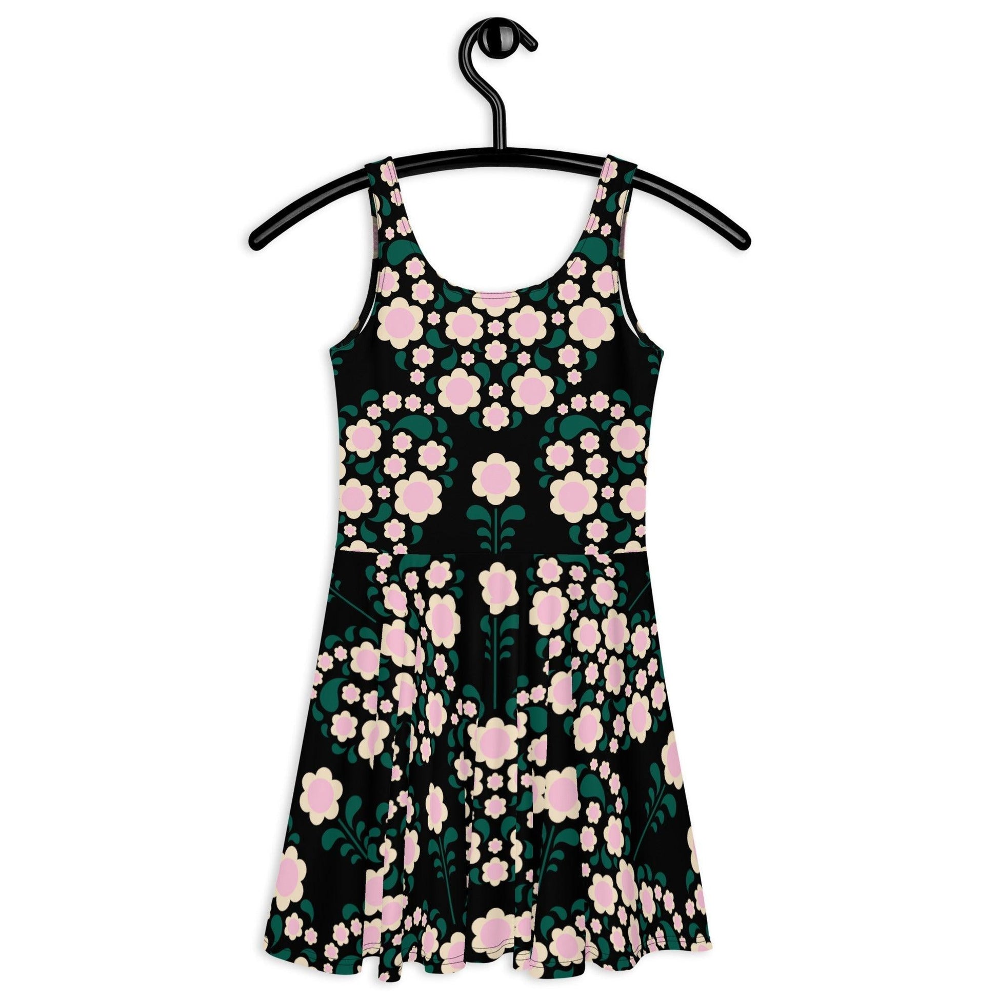 Skater dress - HEARTBEAT pink black - Flower hearts print