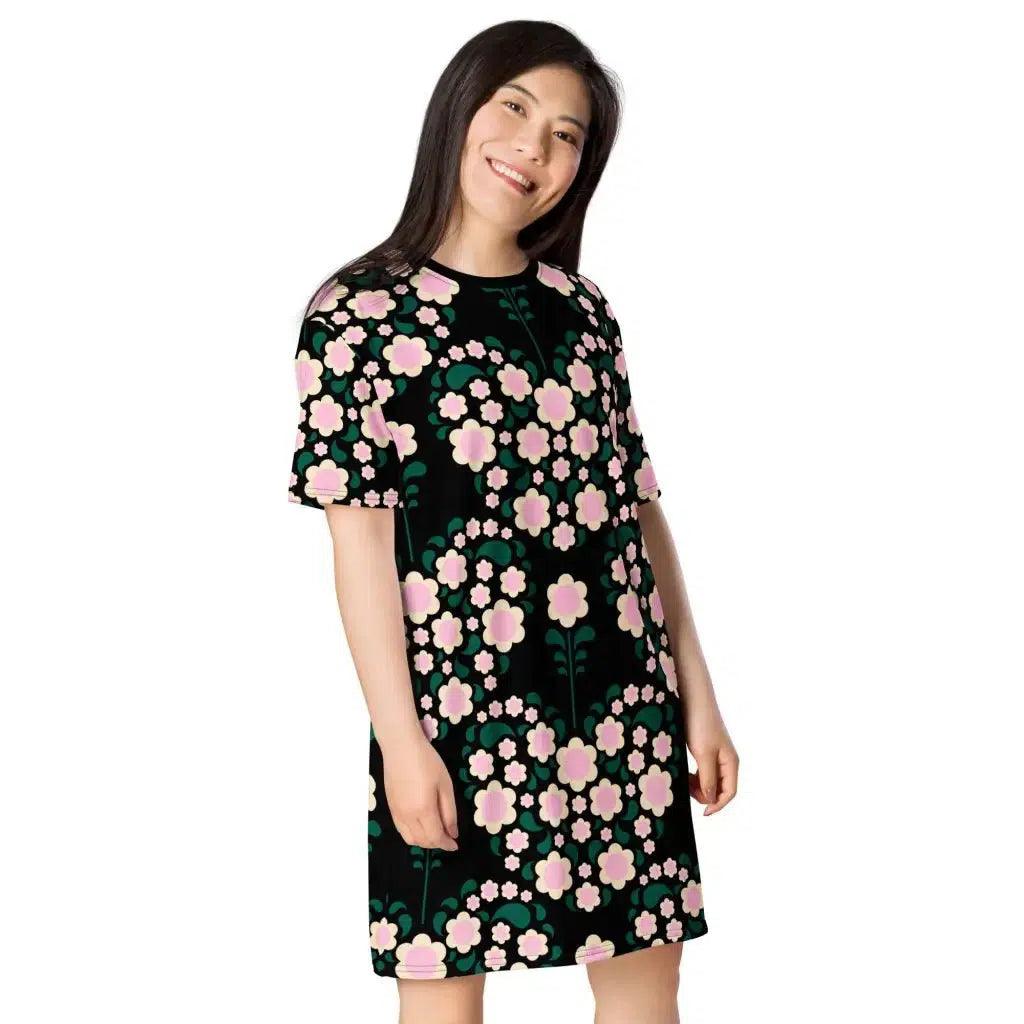 T-shirt dress - HEARTBEAT pink black - Flower hearts print
