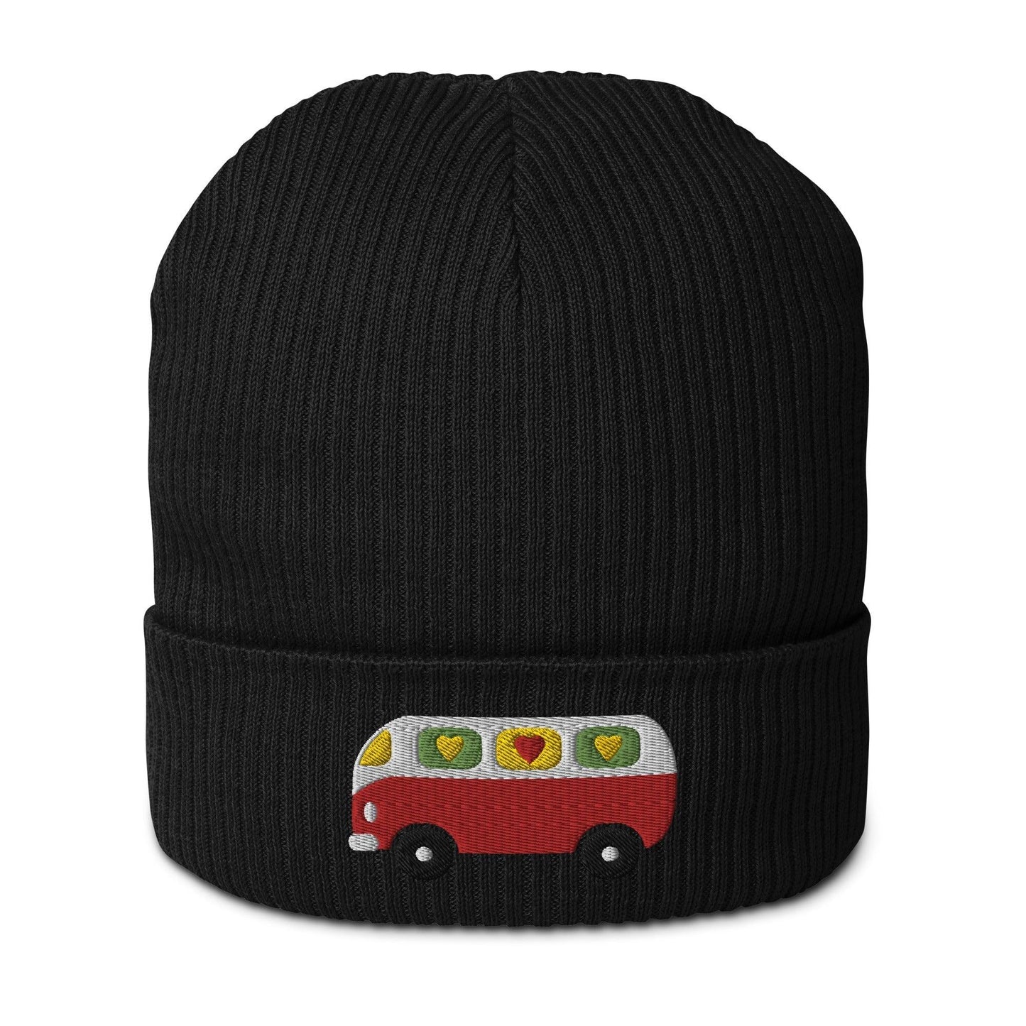Beanie - HIPPIE DAY bus - Colorful hippie print Black