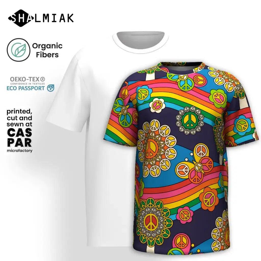Organic cotton t-shirt - HIPPIE PARK - Hippie symbols, rainbows & butterflies