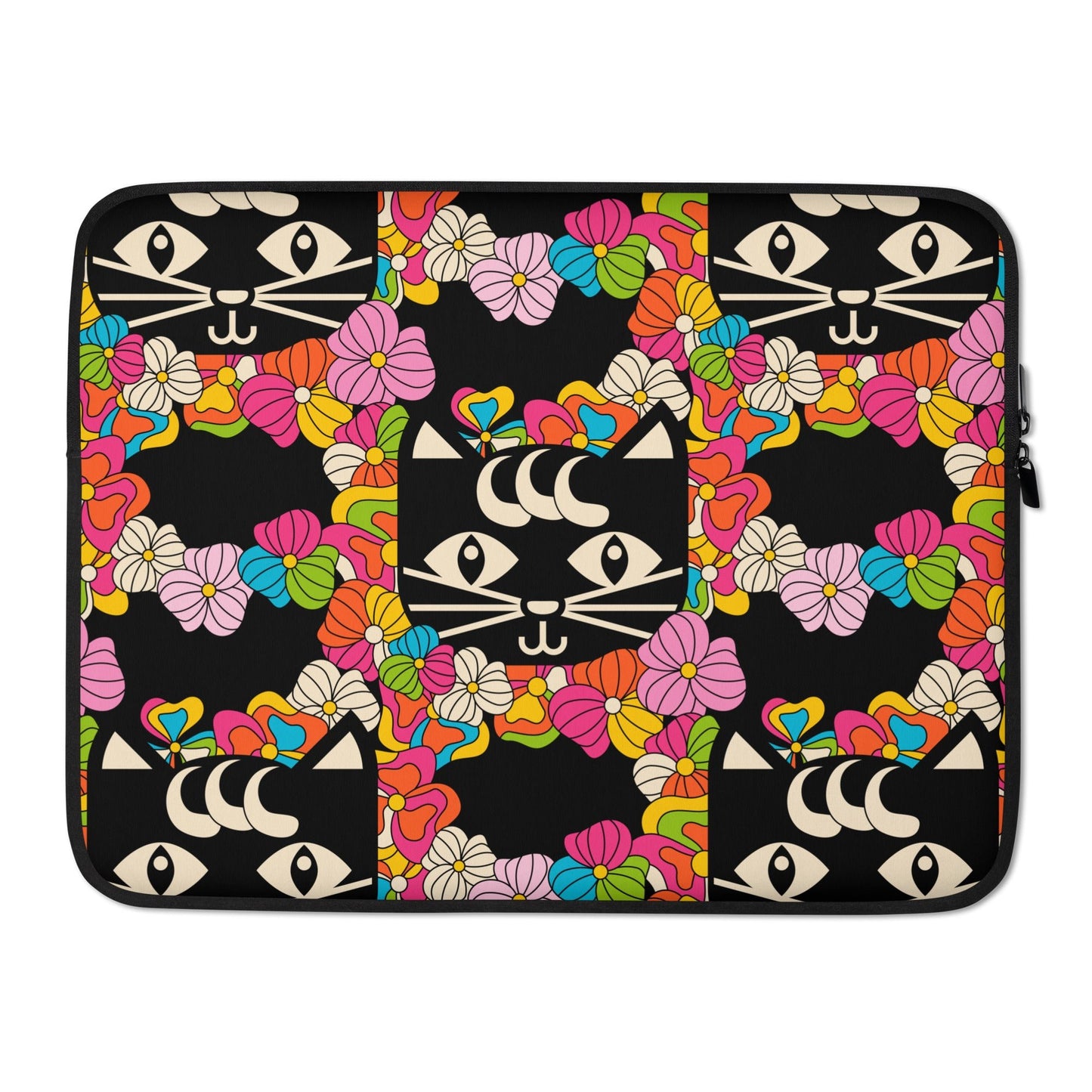 Laptop sleeve - MAGICAT black - Black cats and flowers print 15″